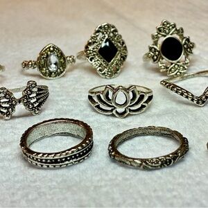14 Stackable Midi - Boho Silver Toned Rings, Knuckle Rings, Antique Metal Look